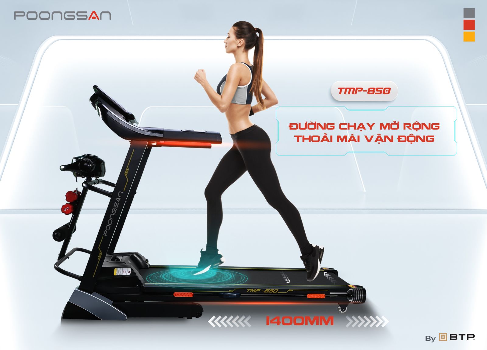 Kích thước đường chạy rộng rãi 1400x450mm giúp bạn thoải mái chạy, vận động. Kích thước đường chạy rộng rãi 1400x450mm giúp bạn thoải mái chạy, vận động